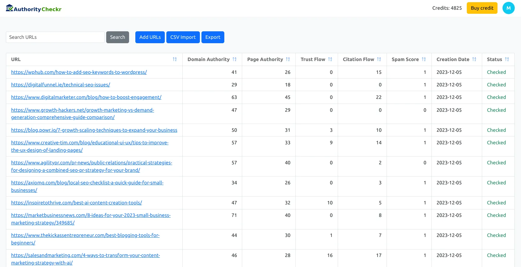 AuthorityCheckr screenshot of the dashboard with the URLs and their Domain Authority, Trust Flow, Citation Flow, and Spam Score